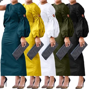 Hot sale Autumn New Asymmetric Solid Color Simple Single Sleeve Hollow Cut Side Split Dress