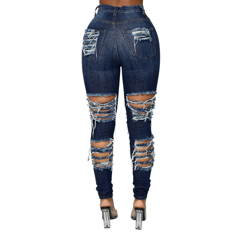 Wholesale Dark Blue Ladies Jean Women Destroyed Skinny Denim Jeans High ...