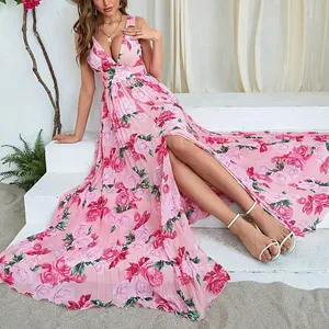 OEM Factory Fashion Beach slip Sleeveless Backless Long Maxi Floral Dress Women Custom logo Print Summer Boho pink Dress