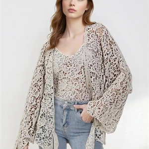 Wholesale Spring Summer Thin Solid Color Hollow Loose Knitted Long Sleeve Outerwear Tie Hem Versatile 100% Cotton V-neck Floral