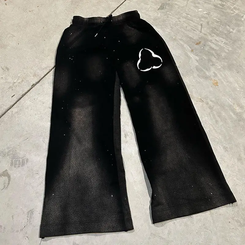Salati Custom Manufacturer Trackpants 350 GSM Oversized Rhinestone Sun Faded Acid Washed Distressed Flared Baggy Sweatpants Men gallery 7