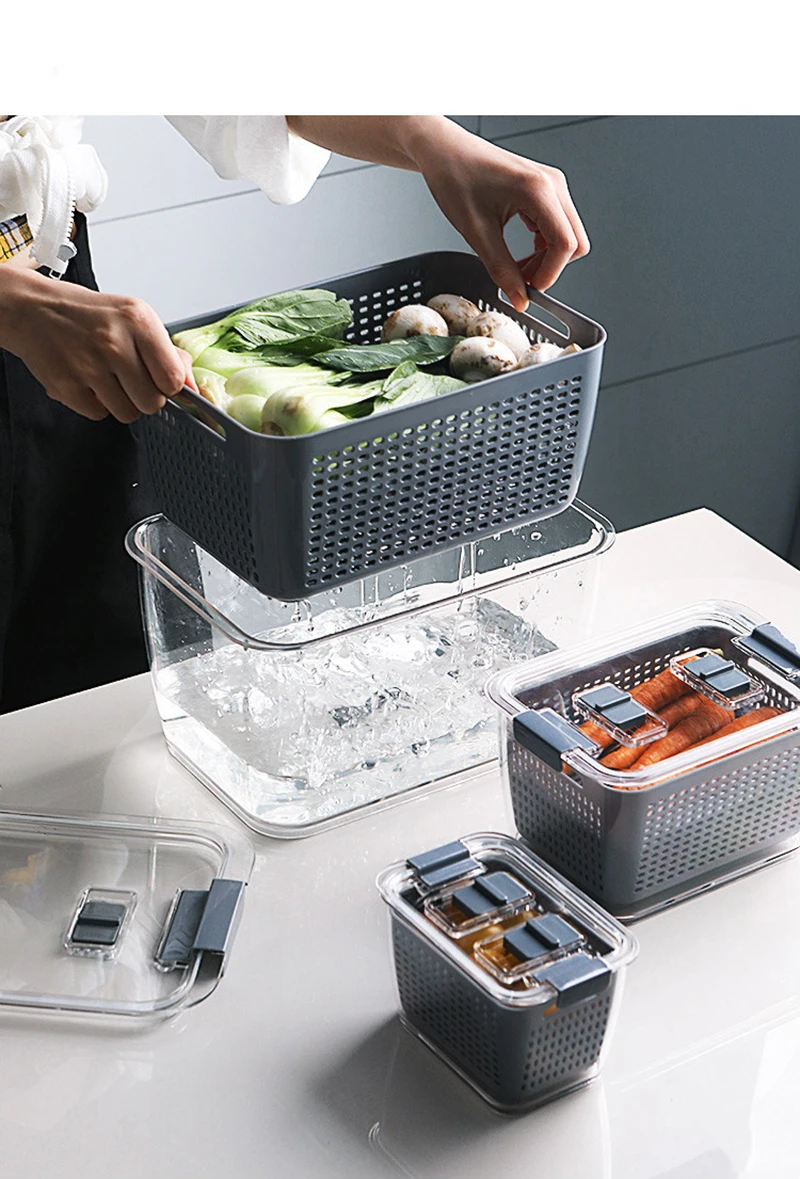 Fridge Storage Box Refrigerator Fresh Vegetable Fruit Boxes Drain Basket Storage  Containers With Lid Kitchen Tools Organizer