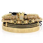 Bracelet Luxury 4Pcs/Set Gold Crown Bracelet Set Roman Numbers Engraved Bangle CZ Crown Braided Macrame Brass Men's Bracelet
