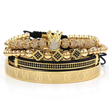 Luxury 4Pcs/Set Gold Crown Bracelet Set Roman Numbers Engraved Bangle CZ Crown Braided Macrame Brass Men's Bracelet
