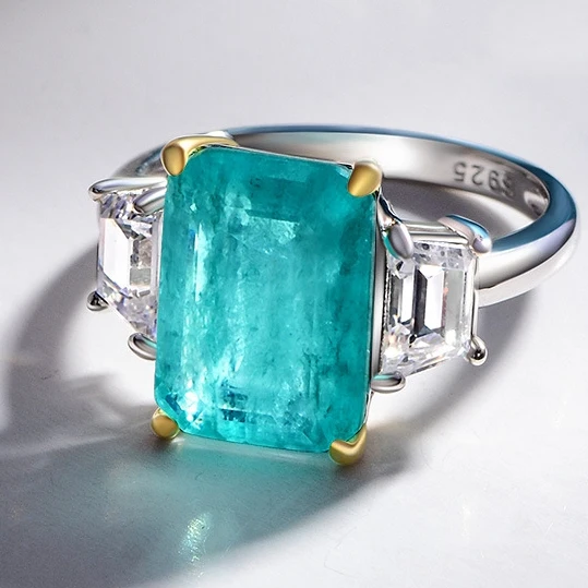 MUSHAN Jewelry Factory 925 Sterling Silver Fine Rings Synthetic Paraiba Rectangular 8ct Blue Gemstones Ring for Anniversary Gift