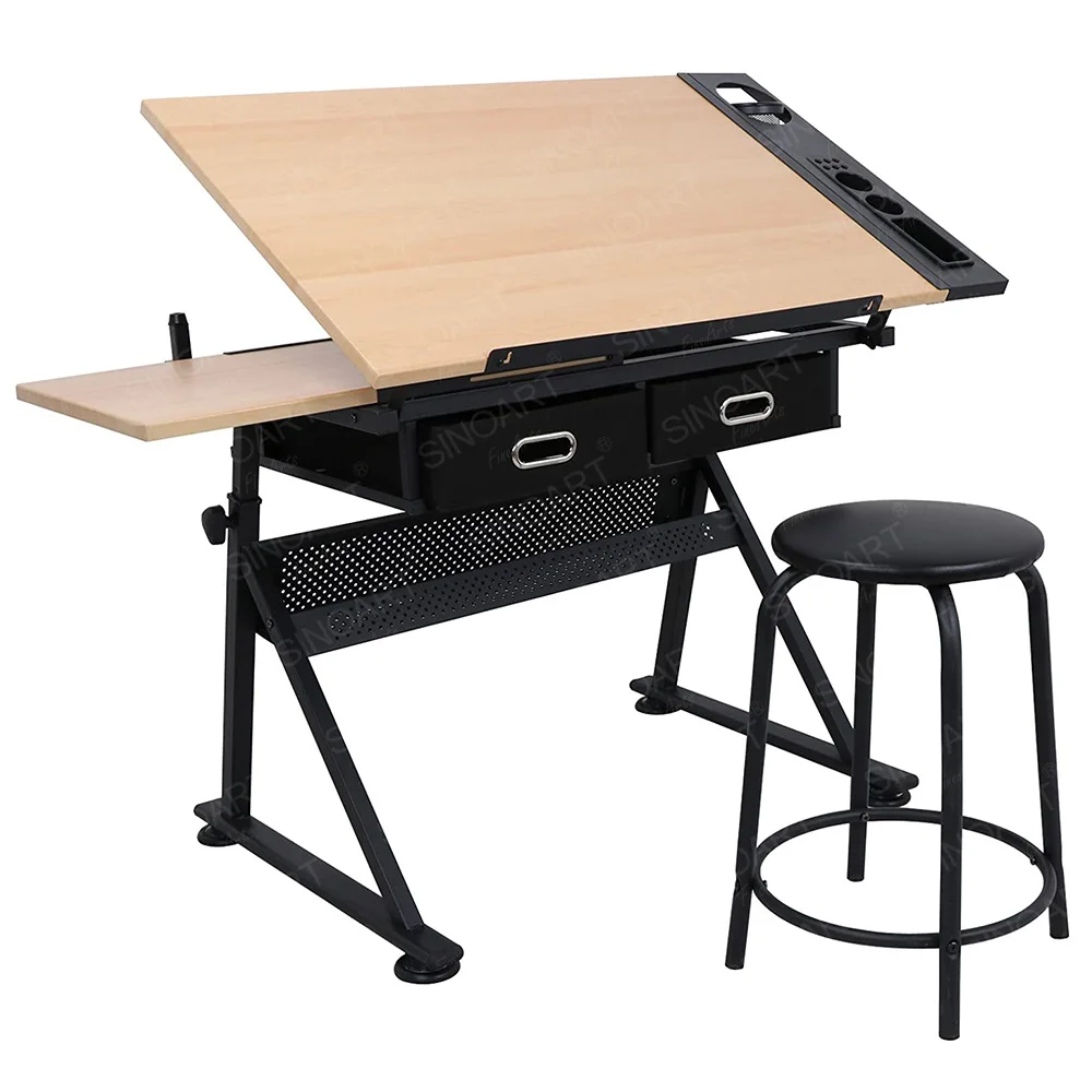 SINOART 2 Drawers Adjustable Tilting Drafting Table Wooden Adjusts Table Desk Architecture Drawing Tables Draw with Stool