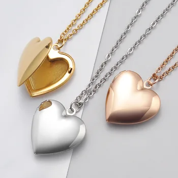 Custom 3 Color Stainless Steel Blank Heart Locket Necklace Rose Gold Silver Laser Logo Name Photo Pendant Necklace Jewelry Women