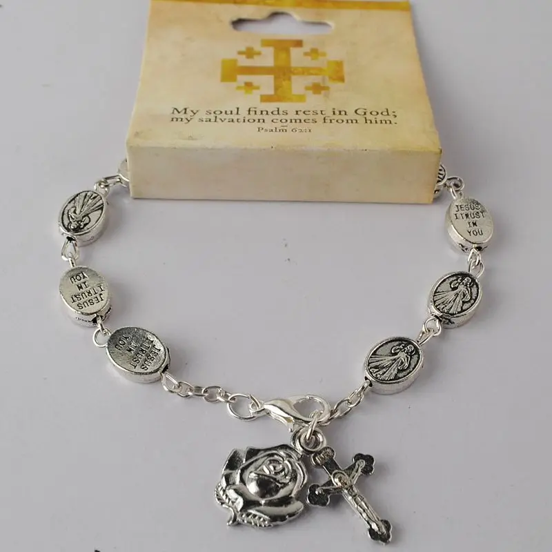 Catholic Beaded Bracelet with Rhodium Plated Rose Medal