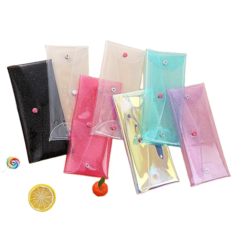 Wholesale Glitter Clear Pen Bag Holographic PVC Pencil Pouch Envelope Coin Purse with Snap Button Storage Bags