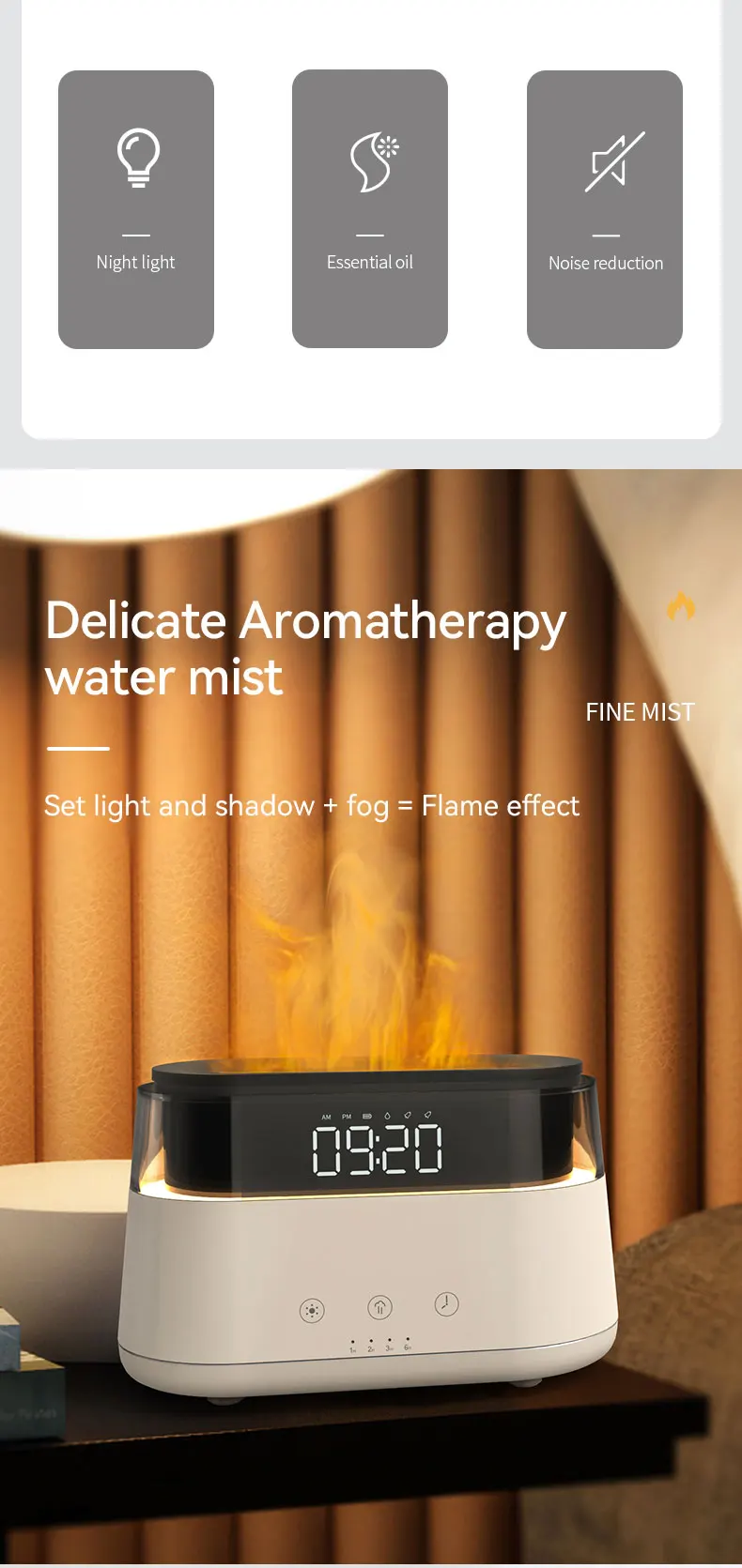 New Design Led Alarm Clock Essential Oil Diffuser Simulation Flame