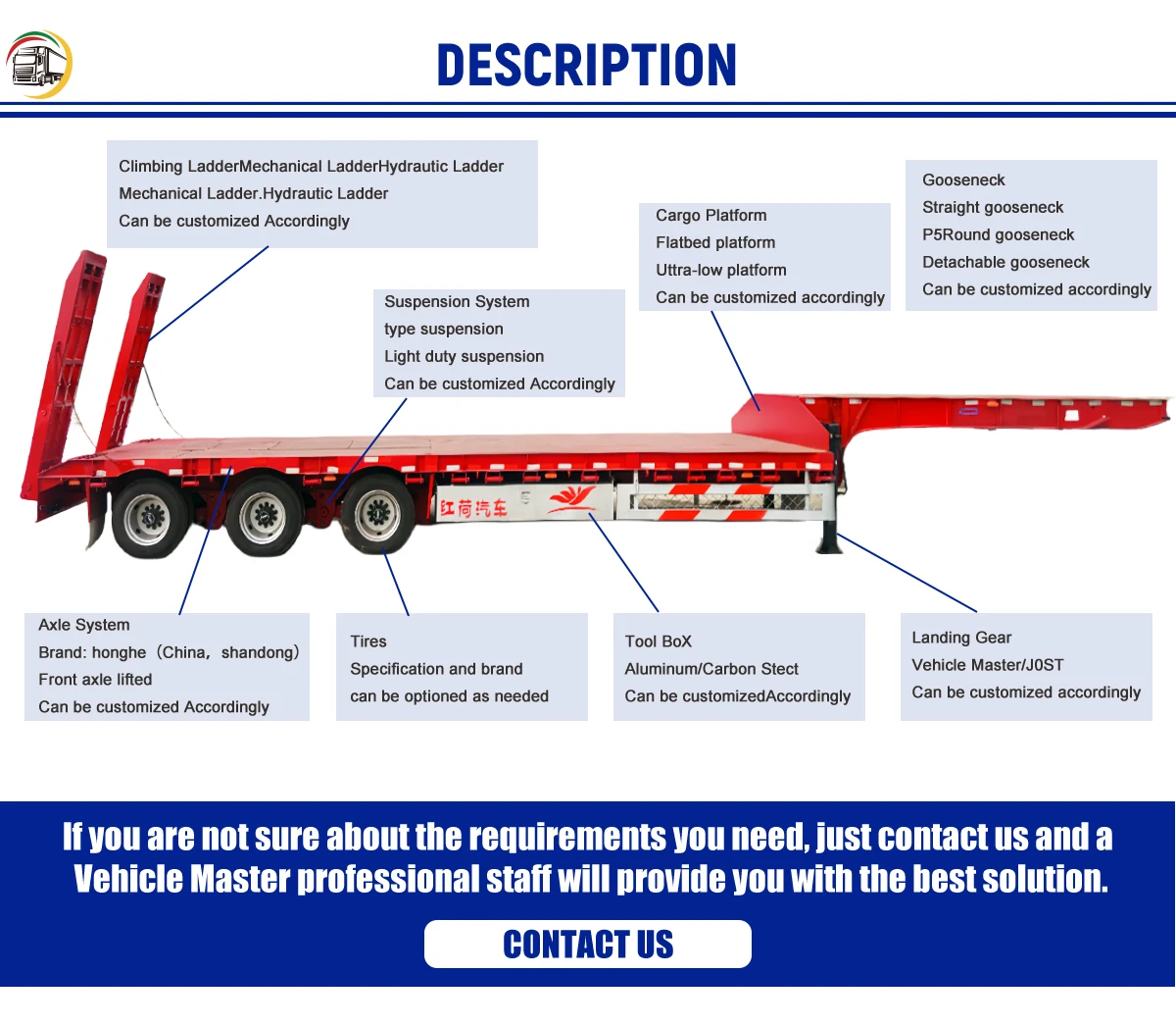 Vehicle Master 13 M 3 Axle Low Bed Truck 60 Ton New Low Loader Bed Semi
