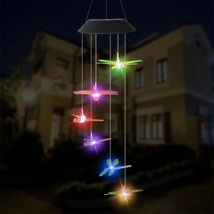Solar Powered LED Wind Chime Light 6LED Colorful Love Heart Dragonfly Wind Portable Wind Chime Outdoor Decorative