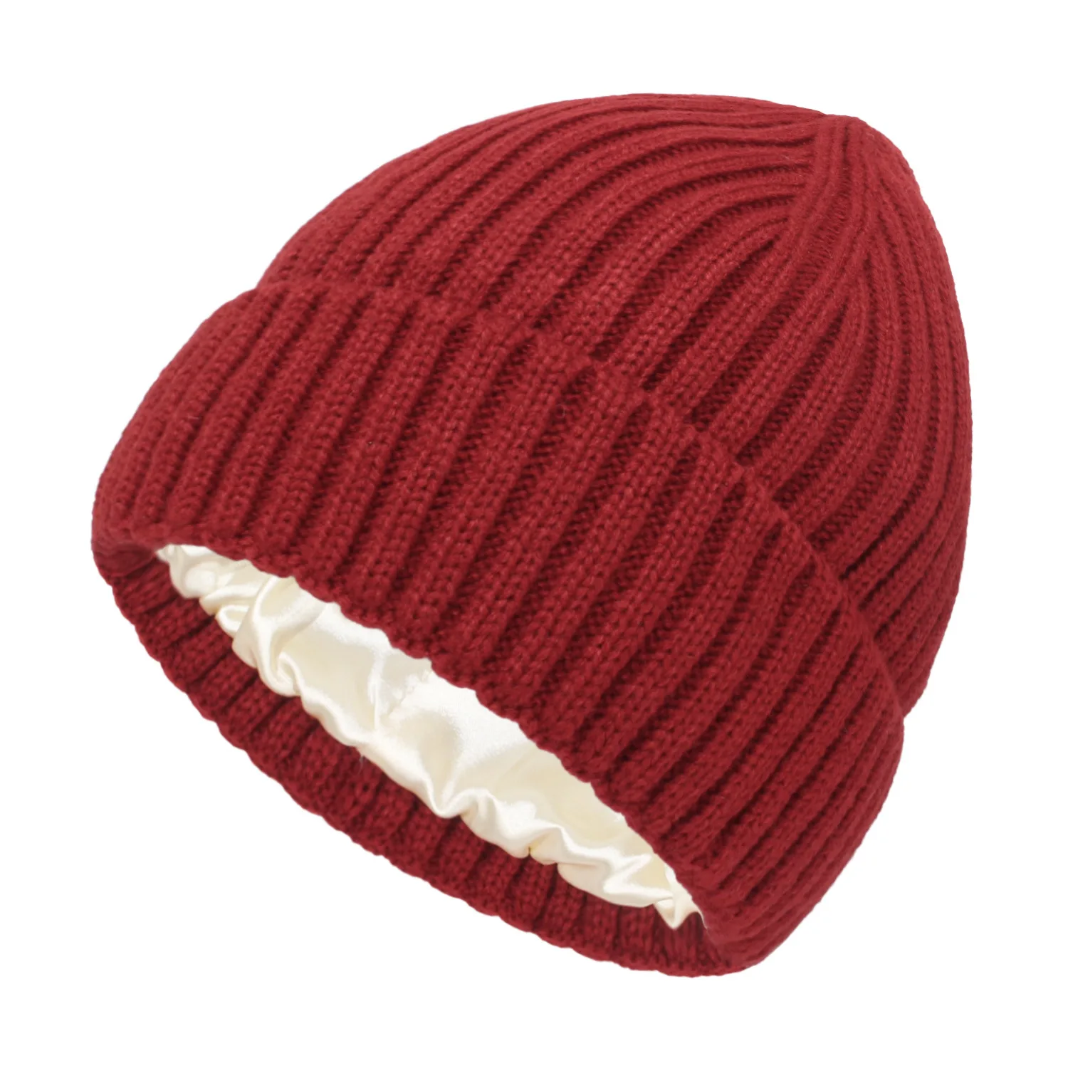 Custom Logo Winter Silk Satin Lined Beanie Hat Ribbed Cuffed  display picture 1