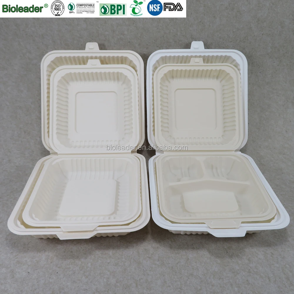 Disposable Compostable Take Out Plastic Corn Starch Clamsell Food Box Packaging Cornstarch Food Container 8x8 9x9