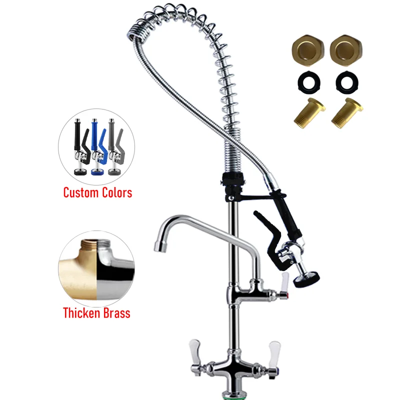 Grifo profesional de cocina comercial con prelavado, lujo, grifería de 2 manijas montada en cubierta, mezcladores de acero inoxidable 304, cromado, agua caliente y fría