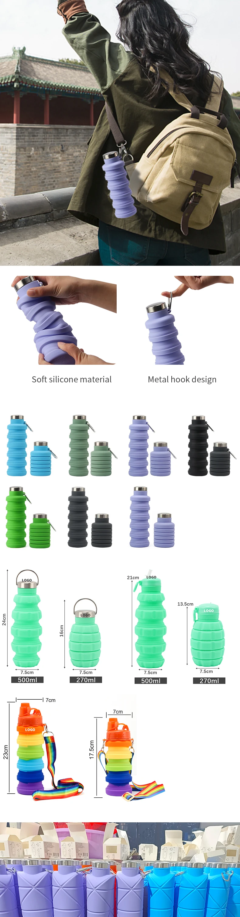 Reusable Bpa Free Silicone Foldable Water Bottles Travel Gym Leakproof ...