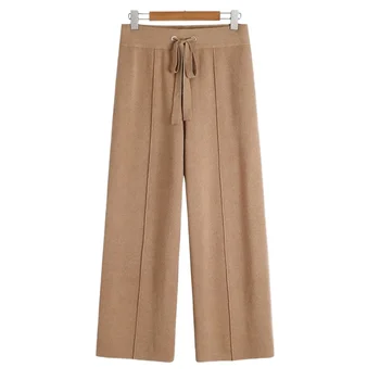 Women's Autumn Winter Collection Casual Korean Style High-Waisted Straight Pants Warm Knitted Wide-Leg Elastic Waist Colored
