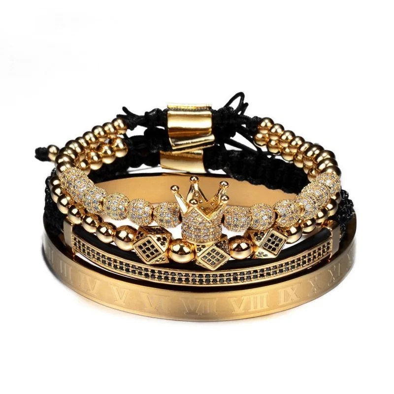 Luxury Set Stainless Steel Bracelet Men Compass Bangles Charm Micro Pave CZ  & Tiger eye Onxy Handmade Macrame Jewelry
