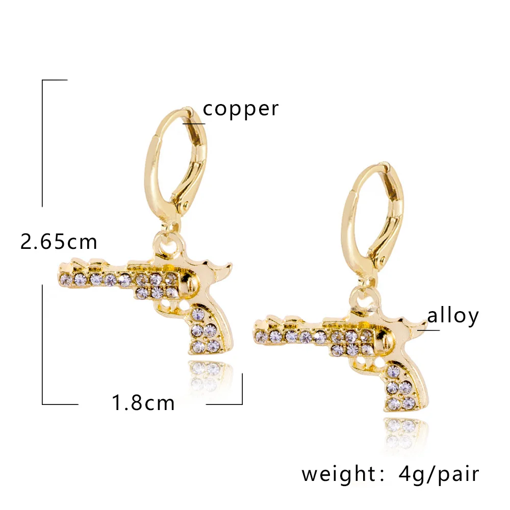 New Trendy Revolver Gun Shape Rhinestone Dangle Earrings for Women Girl Drop Earrings Cute Small Object Earring Fashion Jewelry