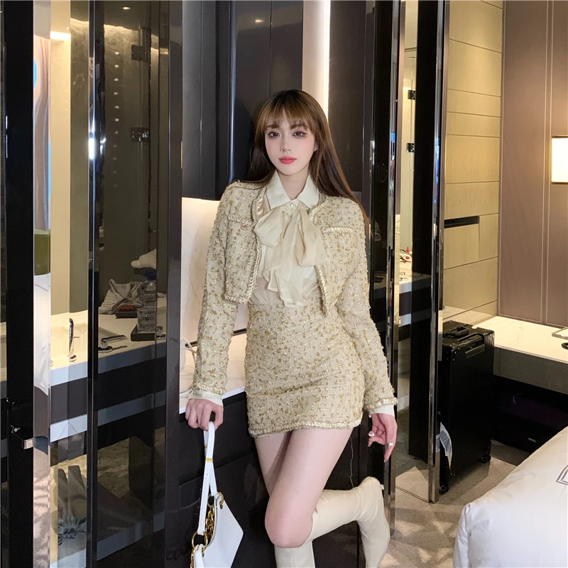 Chaqueta De Tweed Con Bolsillo Tejido De Seda Dorada,Ropa Informal Elegante, Traje De Dos Piezas,Novedad De 2022 - Buy Ropa Americana,Damas,Fabricantes  De Ropa De Product on Alibaba.com
