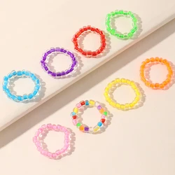 8 Piece/Set Y2K Fashion Crystal Handmade Beads Finger Ring Colourful Acrylic Bead Chain Ring Set For Girls