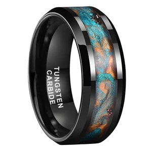 8mm Factory Price Mens Womens Fashion Wedding Bands Beveled Blue Brown Gold Flowing Sand Inlay Black Tungsten Carbide Ring