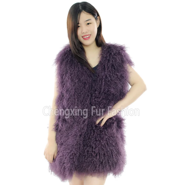 ムートン・ファーコート MOLLIOLLI MONE Crop Mini Fur Vest Pouch Set Purple Pink Natural Mongolian Lamb Fur Vest for Ladies - CX-G-B-101K