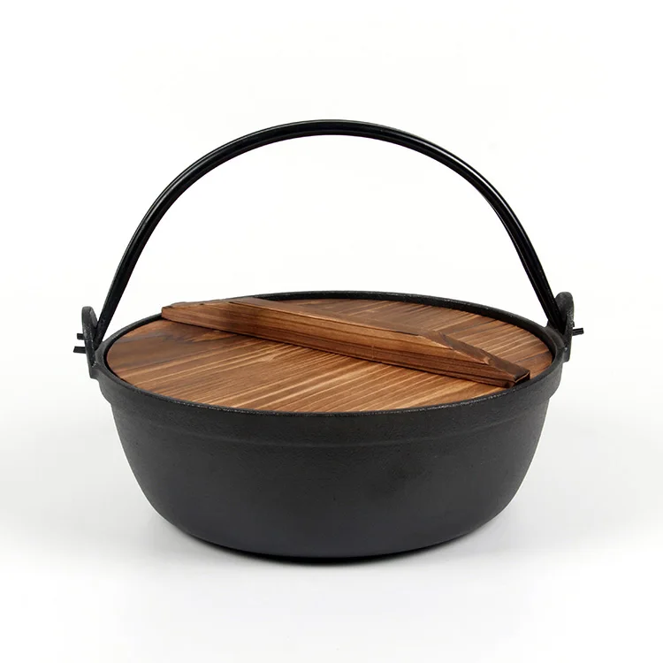 Cast Iron Sukiyaki Dual Handle Casserole Pan with Wooden and Glass Cover Lid (28cm), Size: 28 cm, Clear