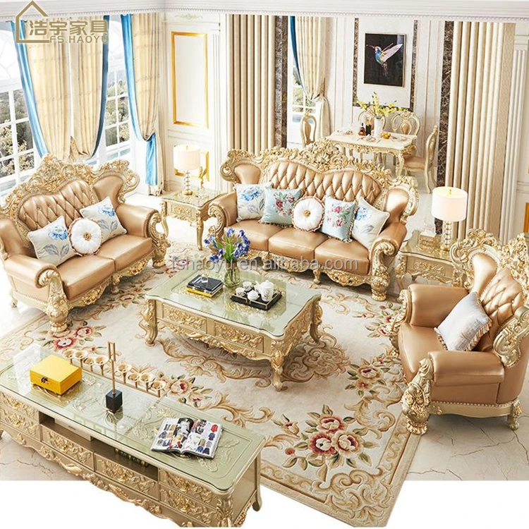 Four Seat Luxury Tufted European Style Villa Sofa Set,Antique Wooden ...