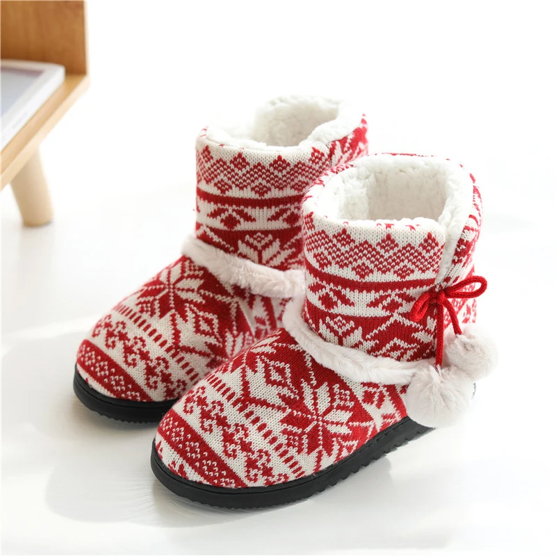 Women Winter Fur House Slippers Boots Christmas Warm Cotton Flat Platform  Indoor Floor Shoes Cozy Plush Knitted Slippers