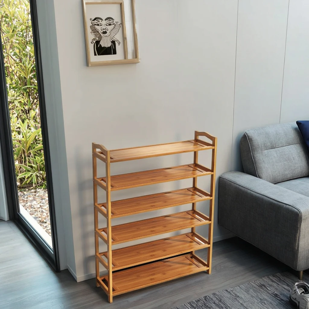 product customize foldable adjustable 6 shelf bamboo shoe rack with modern design for home living room furniture supports up to 11 pairs-14