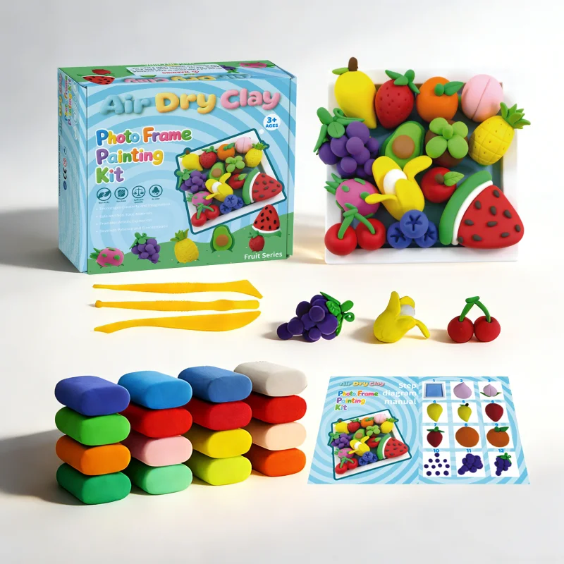 空気乾燥粘土DIY写真立てクラフトキット（フルーツテーマ）、無毒・オーブン不要・子供安全・カスタマイズ可能・教育玩具ギフト