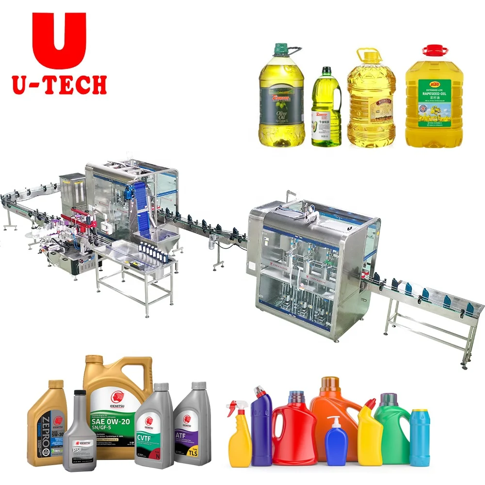 Fully automatic gear lubricants oil motor engine oil bottle filler filling capping and labeling packing machine production line