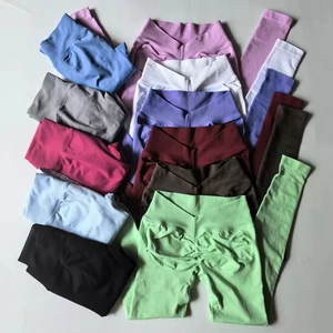 Women's Seamless Fitness Workout Leggings with V Waist Tummy Control Scrunch Back Compression Solid Pattern