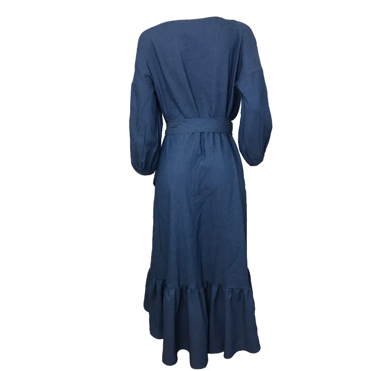 DF0617  Latest Design Summer Denim Dress Long Ruffled Lantern Sleeves V Neck Jean Dresses Casual Women Denim Dress