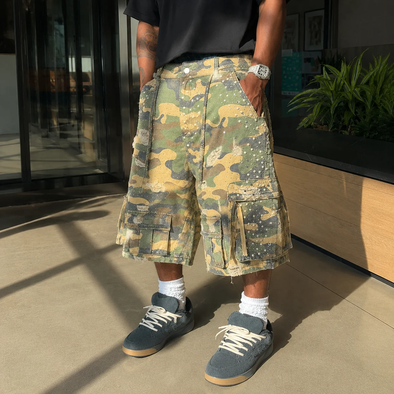 High Quality Custom Men's Loose Camouflage Pearl Cargo Shorts Durable Wide Leg Denim Sweat Run Vintage Straight Casual Jeans gallery 7