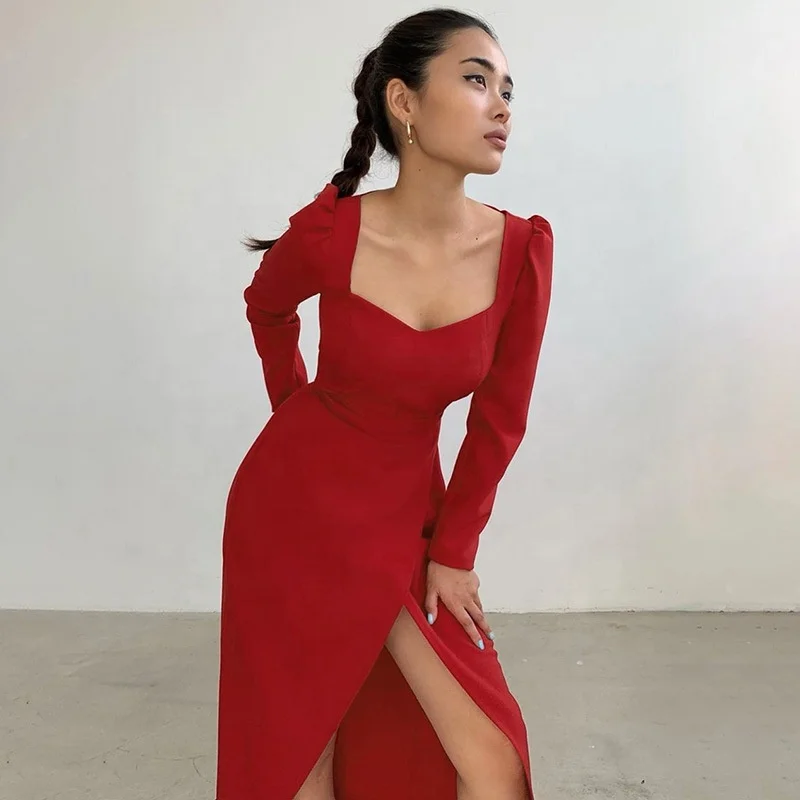 red square neck dress long sleeve