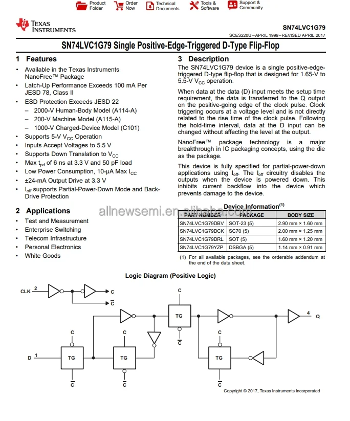 Hot sale Original SN74LVC1G79DBVR Logic IC FF D-TYPE SNGL 1BIT SOT23-5 Flip Flop 1 Element D-Type 1 Bit Positive Edge