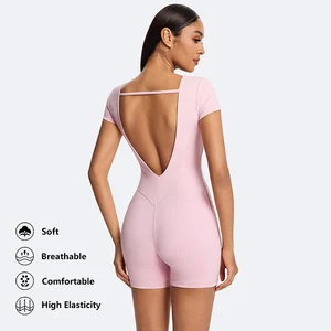 ODM Tight Gym Romper Workout Bodycon One Piece Yoga Fitness Jumpsuit Recycled Polyester Backless Push Up Short Sleeves Bodysuit