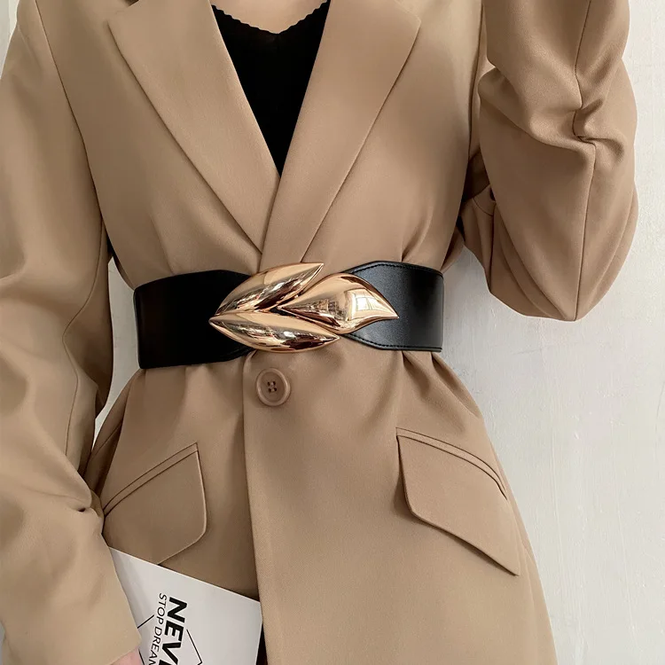 Ins стиль Золотой из трех частей с пряжкой в форме листа черный белый кожаный эластичный корсет тонкие ремни