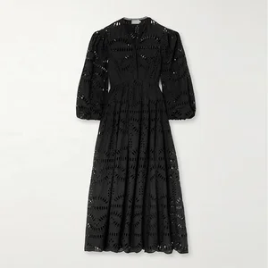 Clothing Manufacturer Custom Spring Autumn Black v Neck Long Sleeve Cut Out Elegant Casual Women Cotton Midi Dress