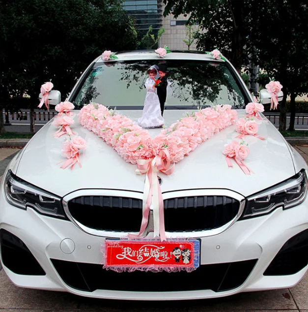 Decorazione Floreale Per Auto Matrimonio - Fiore Artificiale Con Garza Ventosa Rosso 1131425