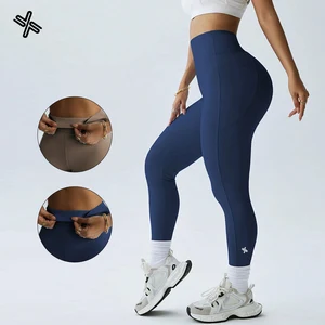 Factory Navy Gym Leggings Towel Loop Compression Tights High Waist Yoga Leggings Crunch Butt Lifting Fitness Pants