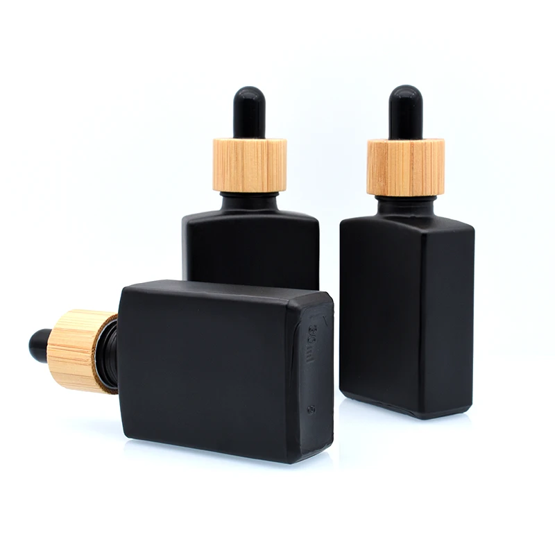 Empty 30 ml Black Frosted Rectangular 30ml Matte Black Rectangle square Glass Dropper Essential Oil Bottle With Bamboo Cap