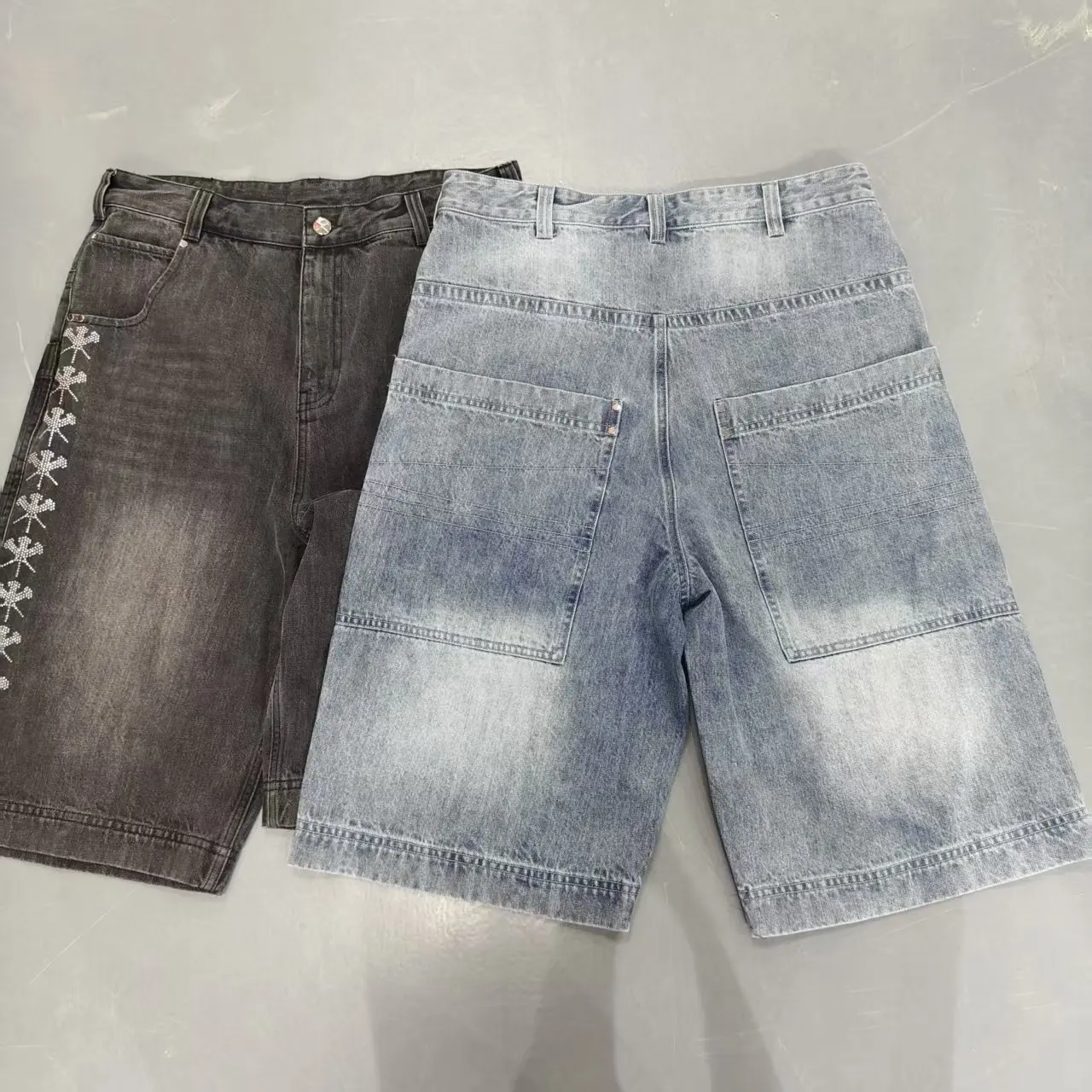 Salati Custom Men'sHeavyweight Denim Shorts Rhinestones Crystal Jorts Vintage Zipper FlyCotton OEM Service Woven Mid gallery 3