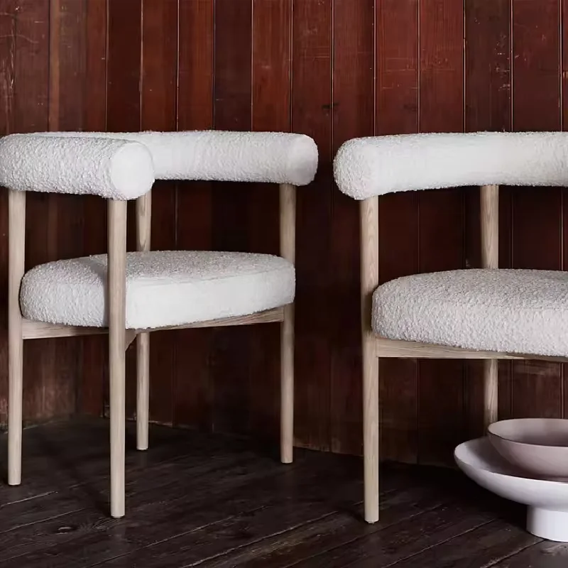 New Style Velvet Sherpa Dining Room Chair Furniture Modern Luxury White Nordic Boucle Dining Chair with Solid Beech Wood Frame
