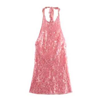 Early 2024 Vintage Women's Clothing Halter Neck Bow Short Mini Skirt Sequined Sleeveless Woven Day Spring Vestidos Mujer 8741271