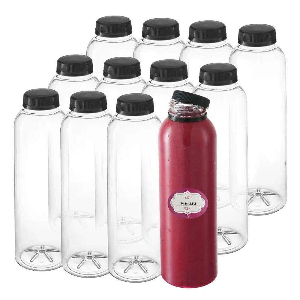 16 Oz 1 Pint Empty Clear Round  PET Plastic Juice Bottles With Tamper Evident Caps