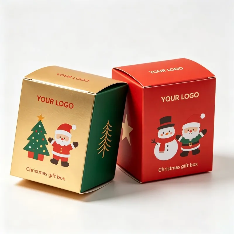 Tilpasset logo julepakkeboks for kosmetikk-gaver, miljøvennlig kraftpapirboks, brettbar boks med heldekkende juletrykk