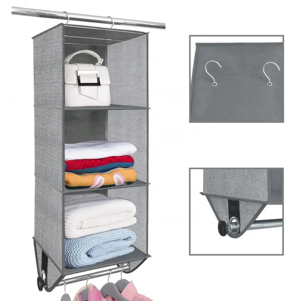 Foldable Hanging Storage Organizer – Waterproof 3-Tier Closet Bag With Hooks, Grey (XL Size)